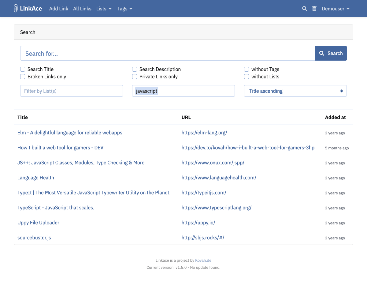 Preview of the search form with results