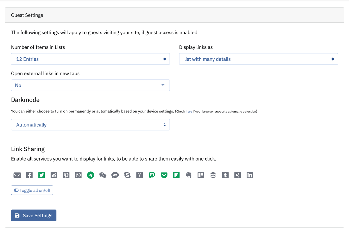 Preview of the system guest settings