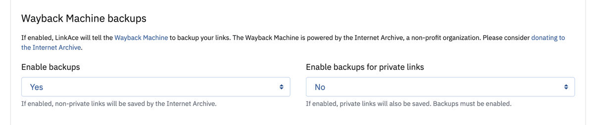 Preview of the Wayback Machine settings
